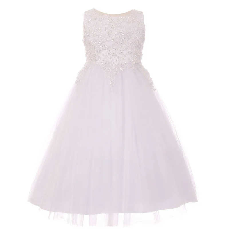 Little Girls White Sparkle Pearl Sequin Satin Tulle Flower Girl Dress 4-6 Sequin Gown Party