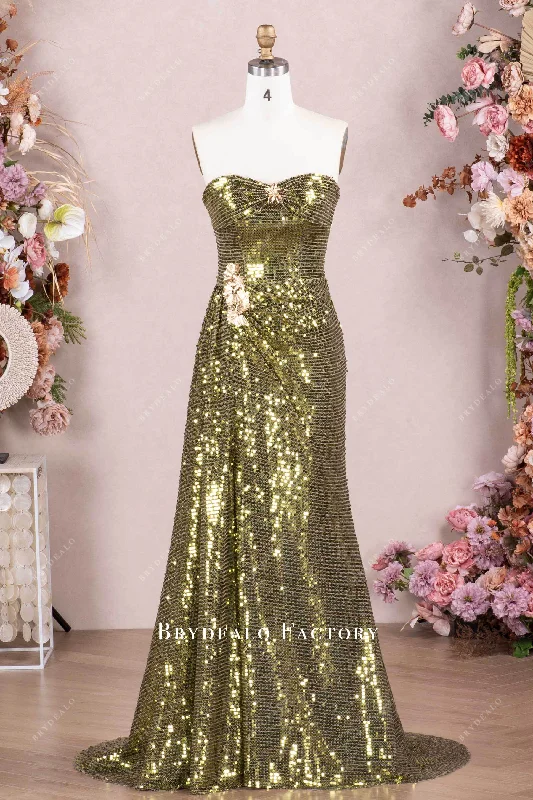 Olive Strapless Sparkly Sequin Ruched Slit Prom Dress Chic Sequin Dress