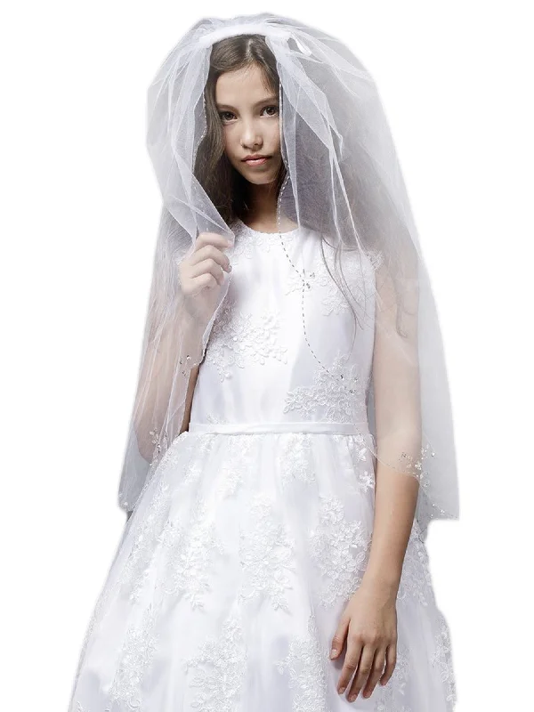 Girls White Sequin Lace Scalloped Edge Communion Flower Girl Veil Formal Sequin Gown