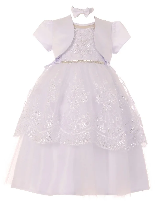 Baby Girls White Pearl Sequin Beaded Christening Bolero Dress 0-12M Off-shoulder Sequin Dress