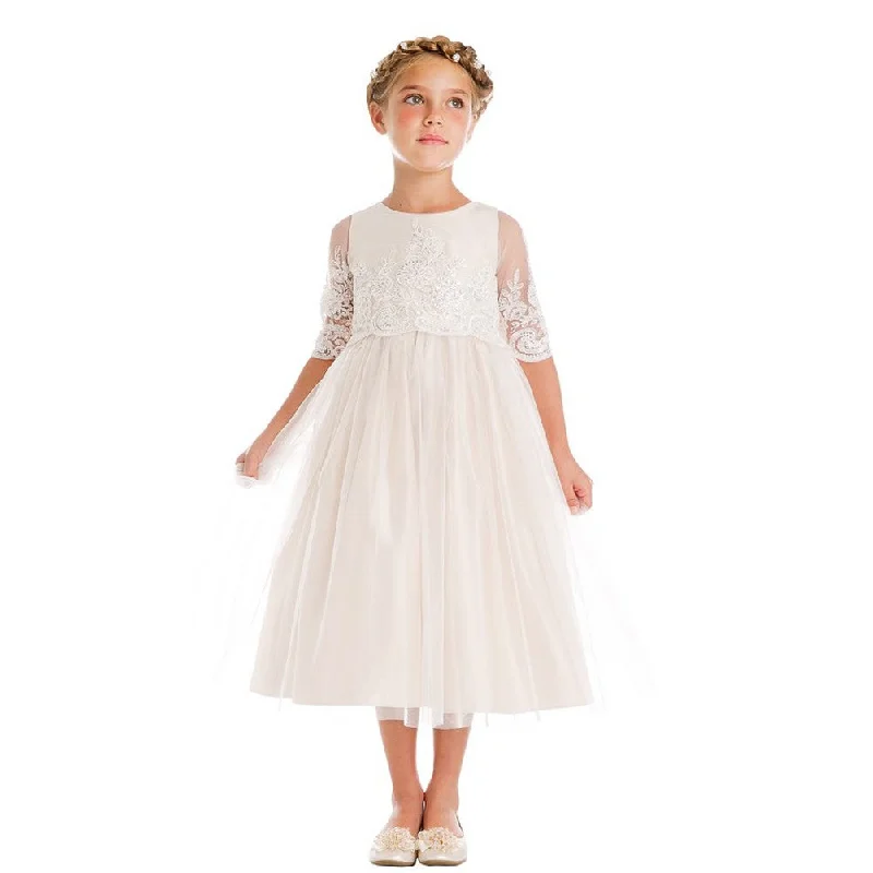 Little Girls Champagne Sequin Cord Detail Flower Girl Dress 2-6 Long Sleeve Sequin