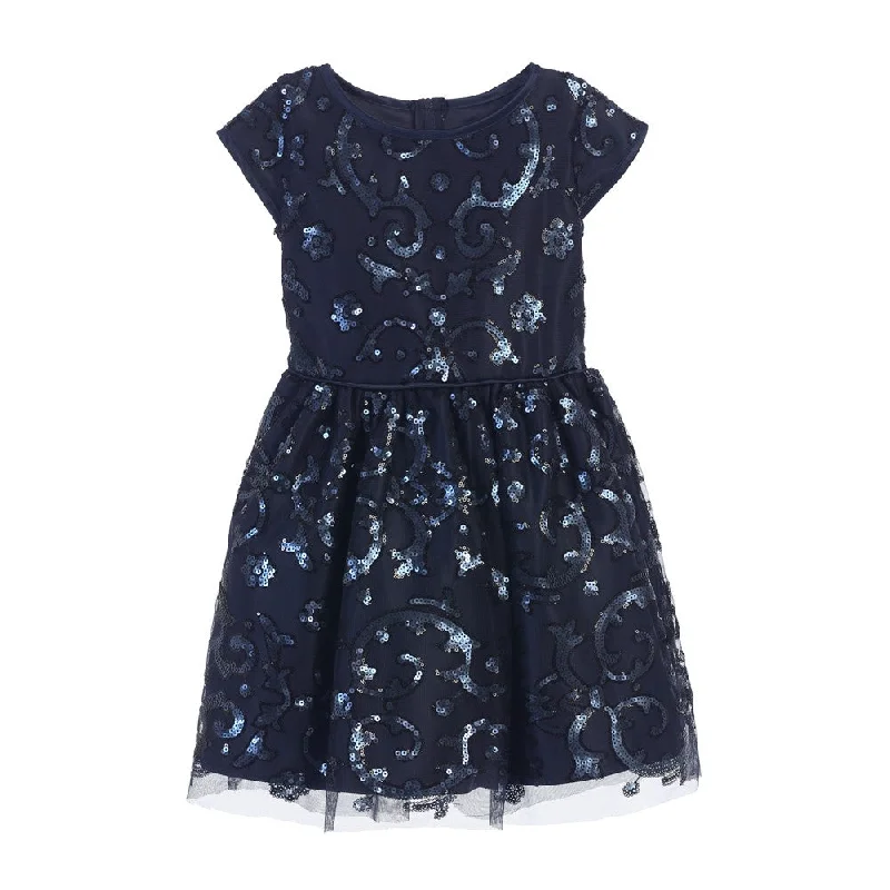 Little Girls Navy Sparkle Sequin Mesh Satin Occasion Dress 4-6 Ruched Sequin Dress