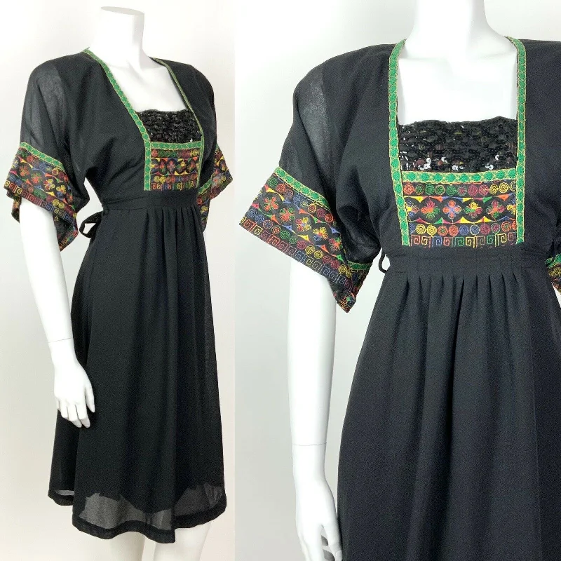 VTG 60s 70s BLACK GREEN ORANGE BLUE EMBROIDERED SEQUIN ETHNIC FOLK BOHO DRESS 8 Silver Glitter Sequin