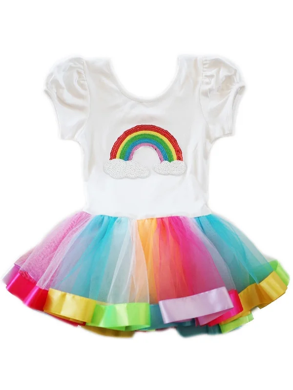 Girls White Multi Rainbow Sequin Applique Ballet Dress 9M-8 Classy Sequin Dress