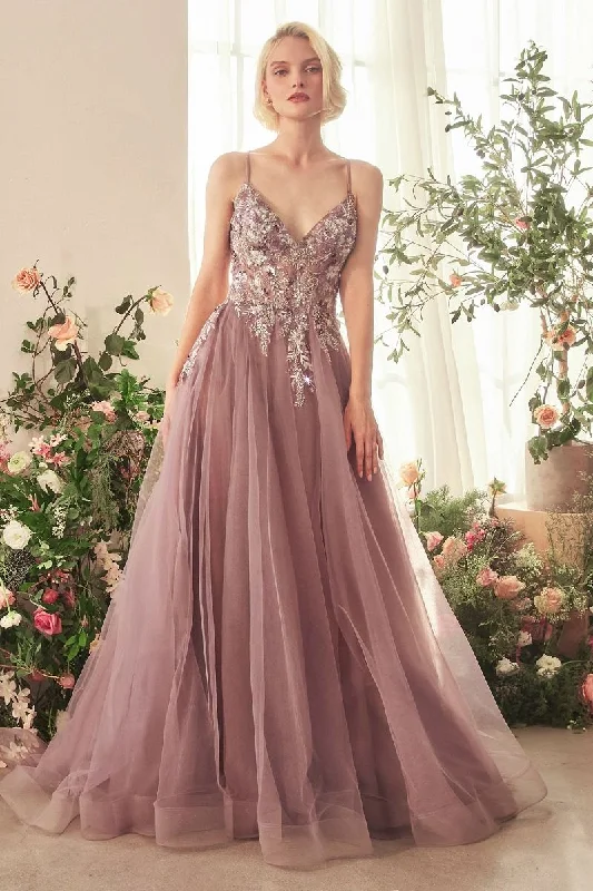 Andrea And Leo -A1419 V-Neck Lace Applique Tulle A-Line Dress Tulle Evening Gown