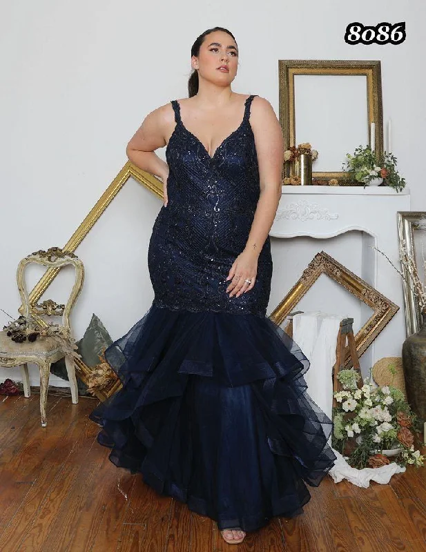 Athena Prom 8086 V-Neck Embroidered Lace Tulle Mermaid Dress - Midnight Blue or White Tulle Dress Sparkly