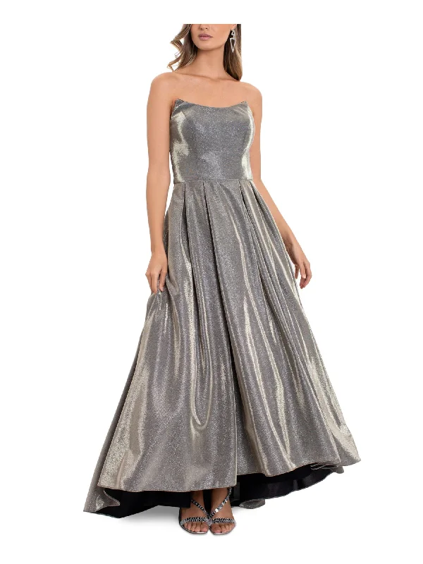 BETSY & ADAM Womens Silver Pocketed Zippered Tulle Pleated Boning Hi Lo Hem Sleeveless Strapless Full-Length Formal Gown Dress Tulle Dress Glow