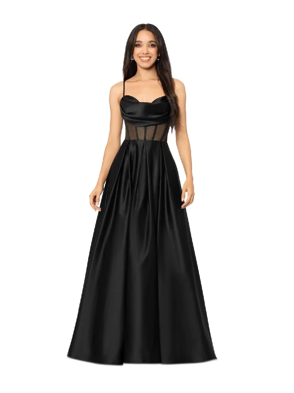 BLONDIE NITES Womens Black Zippered Pocketed Pleated Tulle Padded Semi-sheer Spaghetti Strap Cowl Neck Full-Length Formal Gown Dress Lace Tulle Dress