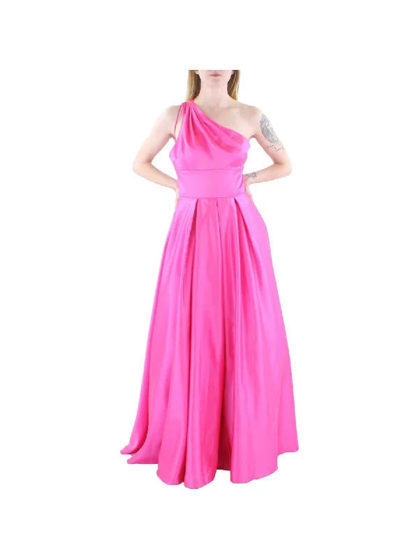 BLONDIE NITES Womens Pink Zippered Pocketed Pleated Lined Tulle Sleeveless Asymmetrical Neckline Full-Length Formal Gown Dress Casual Tulle Dress