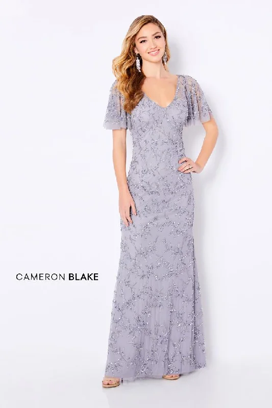 Cameron Blake 221681 Flutter Sleeve Beaded Tulle Evening Dress - Silver or Charcoal Tulle Dress Occasion