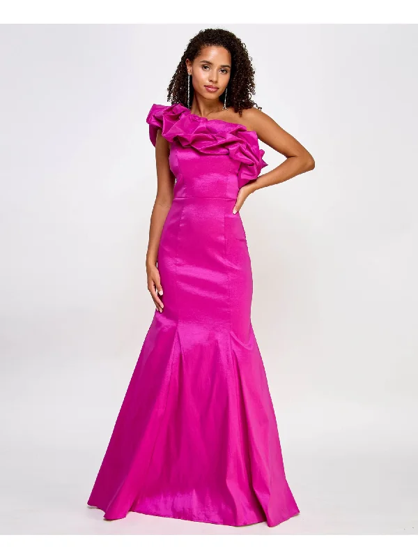 CITY STUDIO Womens Pink Zippered Lined Tulle Single Ruffle Sleeve Asymmetrical Neckline Full-Length Formal Mermaid Dress Tulle Evening Dress