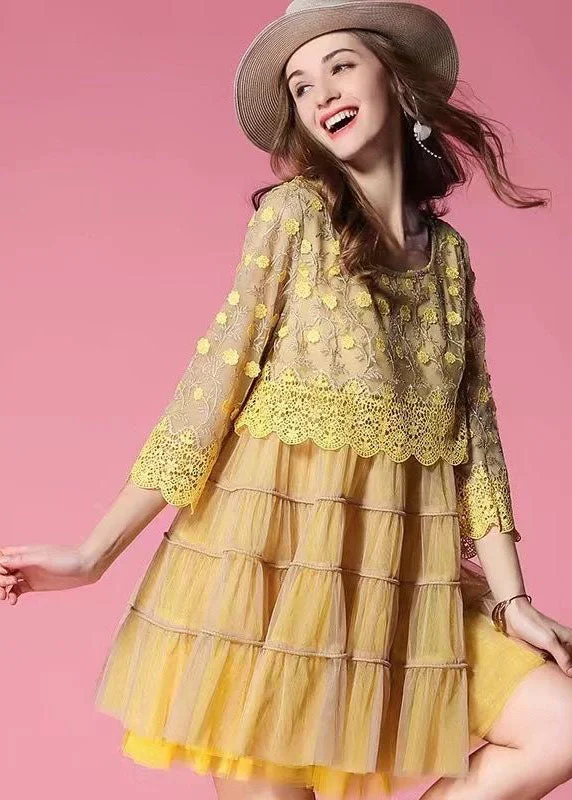 Natural Yellow O Neck Patchwork Wrinkled Tulle Mid Dress Spring Glitter Tulle Dress