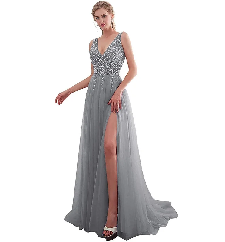 Women's V-Neck Polyester Sleeveless Beading Tulle Backless Dress Tulle Bridesmaid Dress