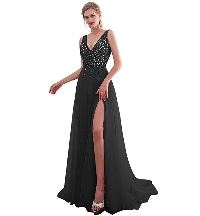 Women's V-Neck Polyester Sleeveless Beading Tulle Backless Dress Tulle Dress Silhouette