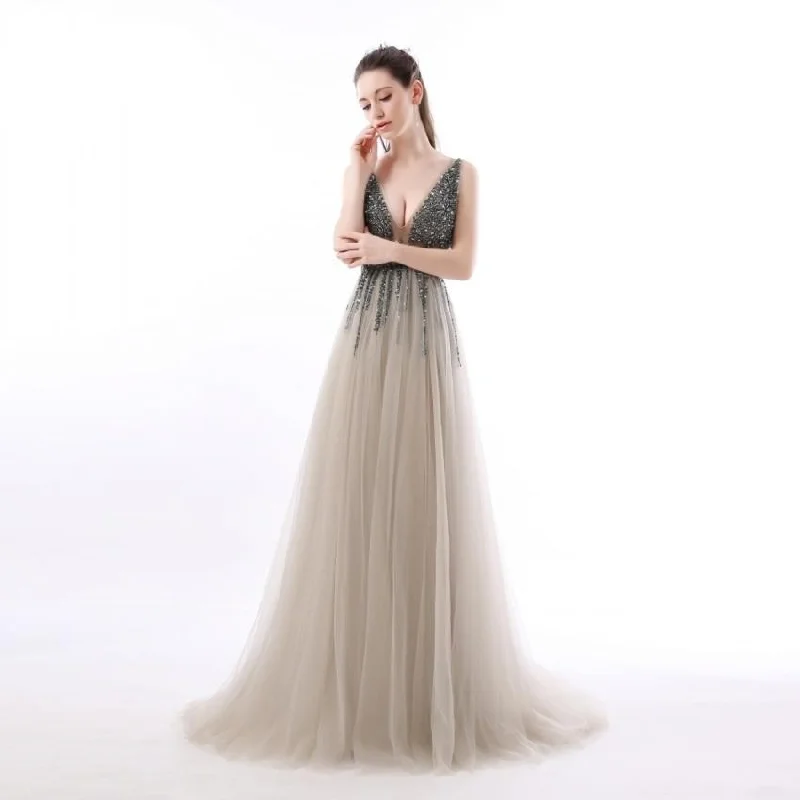 Women's V-Neck Sleeveless Sparkly Beads Side Split Tulle Dress Tulle Midi Dress