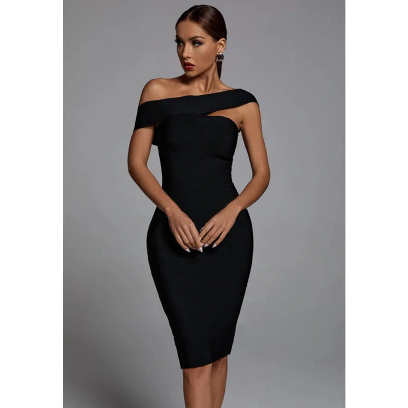 Alyia One Shoulder Black Bandage Dress Bodycon Gown Chic