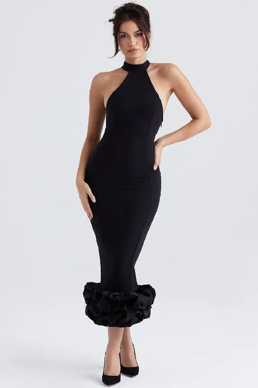 Elegant Black Halter Midi Dress Stylish Bodycon Gown