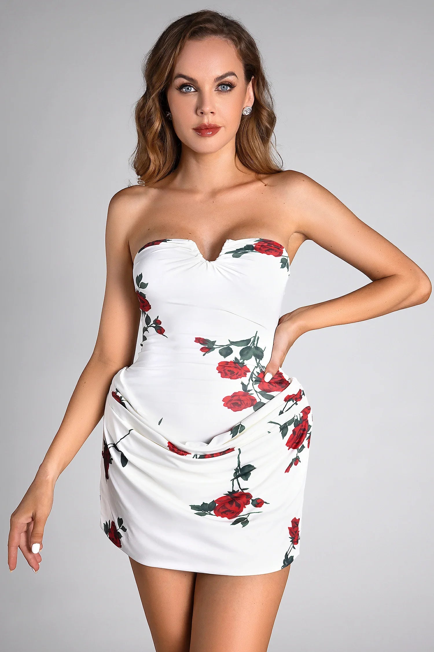 Chic Strapless Rose Mini Party Dress Bodycon Dress Night