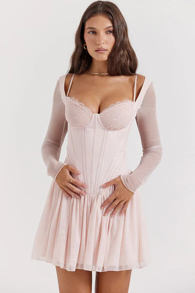 Iver Pink Lace Sweetheart Corset Mini Dress V-neck Bodycon Dress