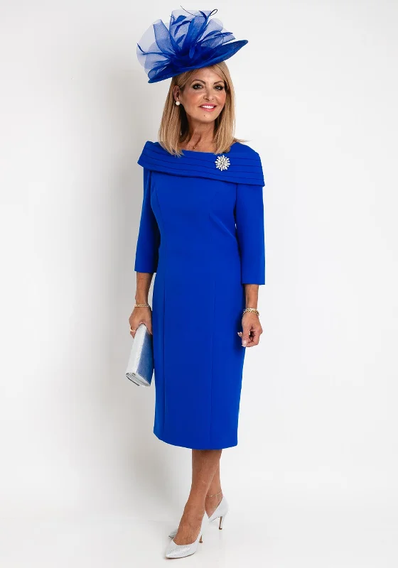 Cassandra Bardot Neckline Pencil Midi Dress, Royal Blue Knit Midi Skirt