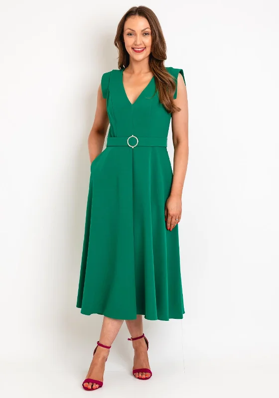 Castings Belted Waist, A-Line Midi Dress, Green Summer Midi Skirt