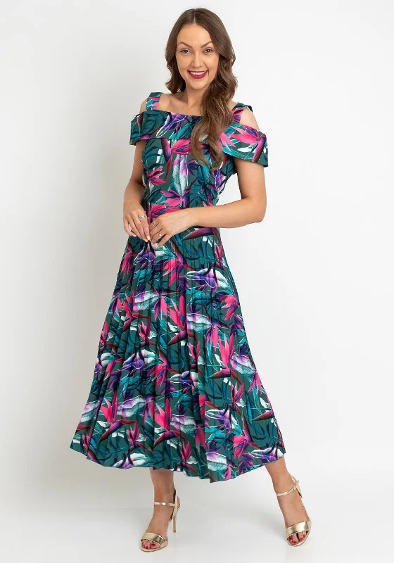 Coco Doll Floral Print Pleated Midi Dress, Green Multi Flared Midi Skirt