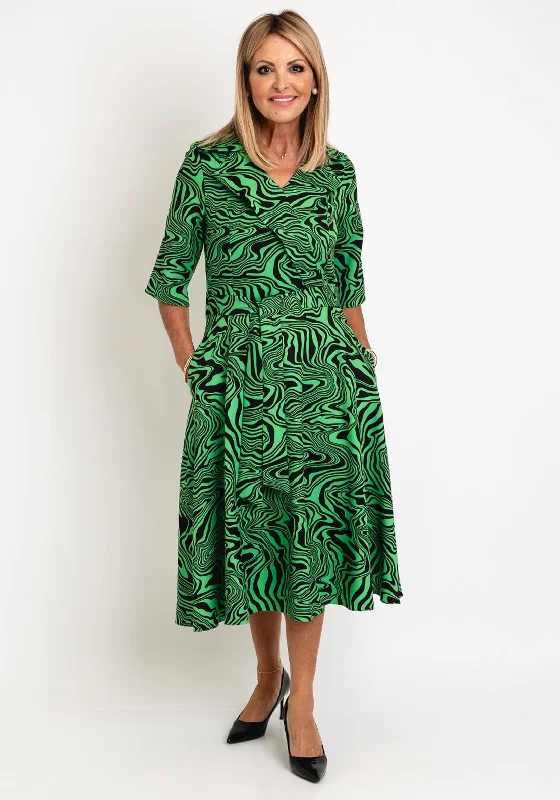 Coco Doll Erin Abstract Print Midi Dress, Green & Black Elegant A-line Skirt