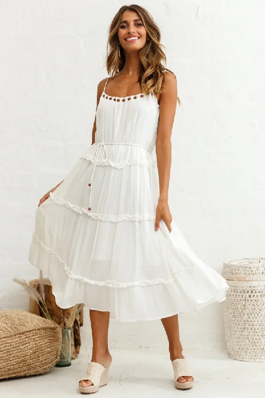 Daybreak Frill Trim Wooden Bead Midi Dress White Long Midi Skirt