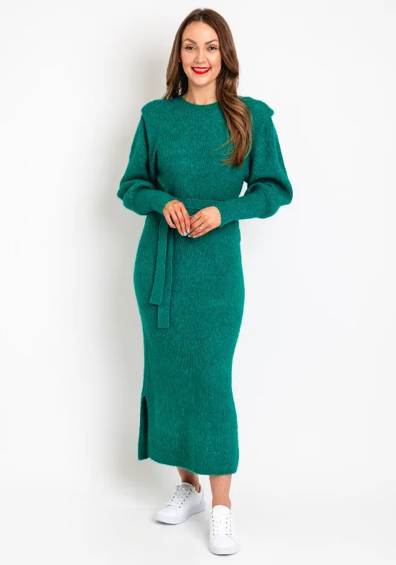 ICHI Shoulder Panel Wool Midi Dress, Green Structured Midi Skirt