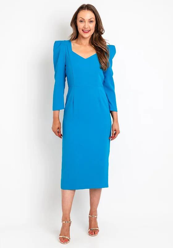 Kate Cooper Puff Shoulder Midi Dress, Blue Midi Skirt Party