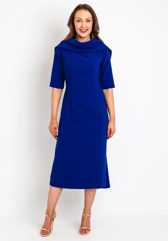 Kate Cooper Folded Round Neckline Midi Dress, Royal Blue Soft Denim Midi