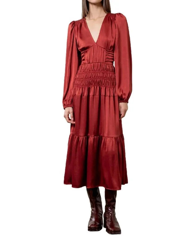 Merlot Satin Smocked Midi Dress In Red Midi Skirt Print