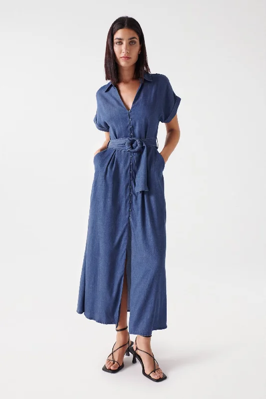 Salsa Belted Waist Midi Dress, Blue Denim A-line Midi Skirt