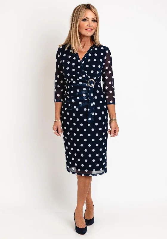 Via Veneto Polka Dot Mesh Midi Dress, Navy Midi Skirt Fashion