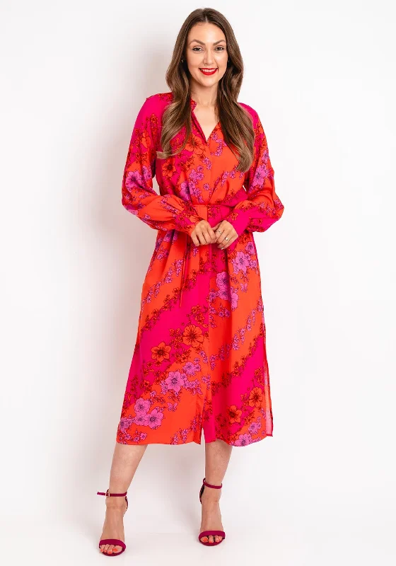 Y.A.S Scarlet Floral Print Shirt Midi Dress, Orange & Pink Knit Midi Skirt