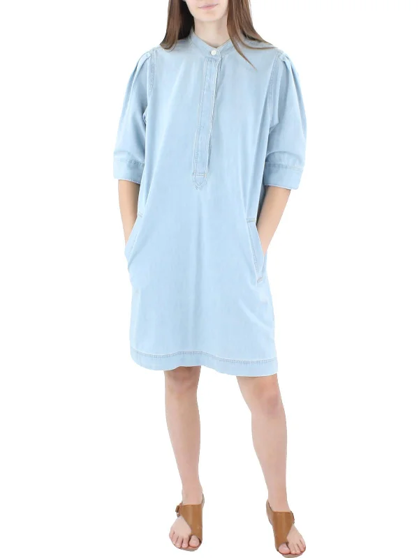 Goddard Womens Denim Half-button Shirtdress Ruffled Shirt Dress