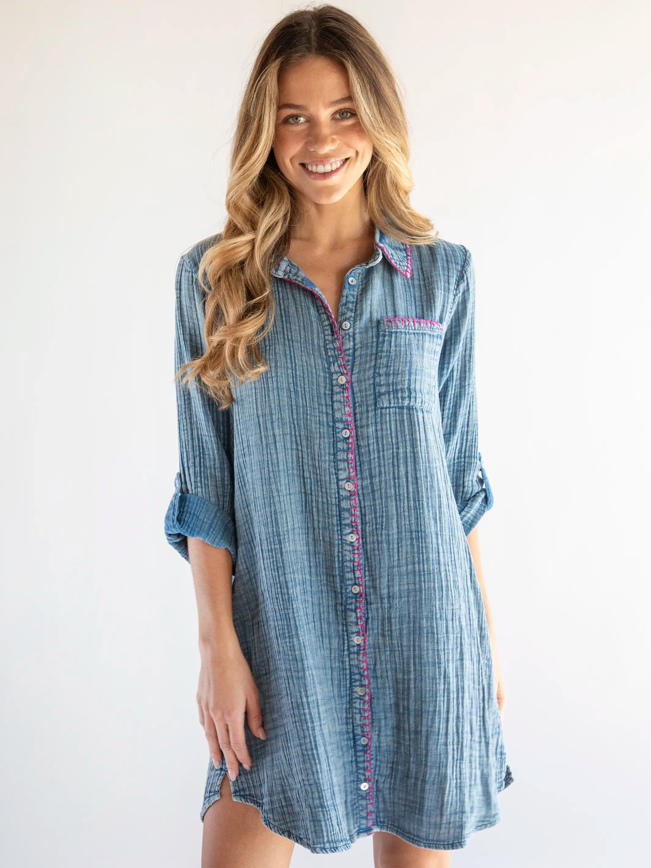 Lola Cotton Shirt Dress - Denim Trendy Shirt Dress