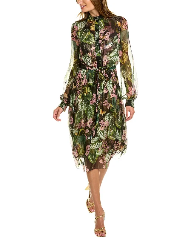 Oscar de la Renta Printed Silk Chiffon Shirtdress Tartan Shirt Gown