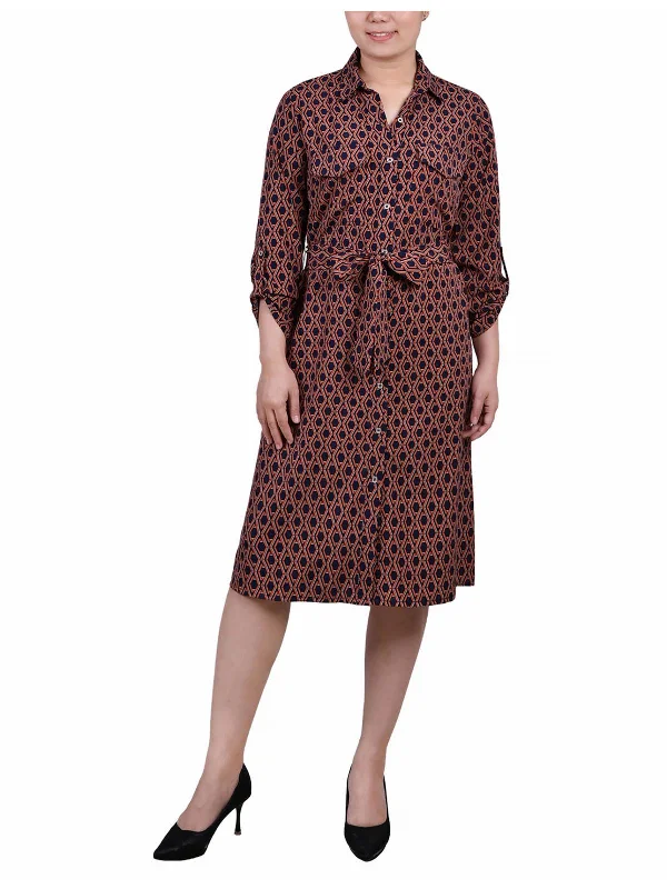 Petites Womens Woven Polyester Shirtdress Printed Button Shirt