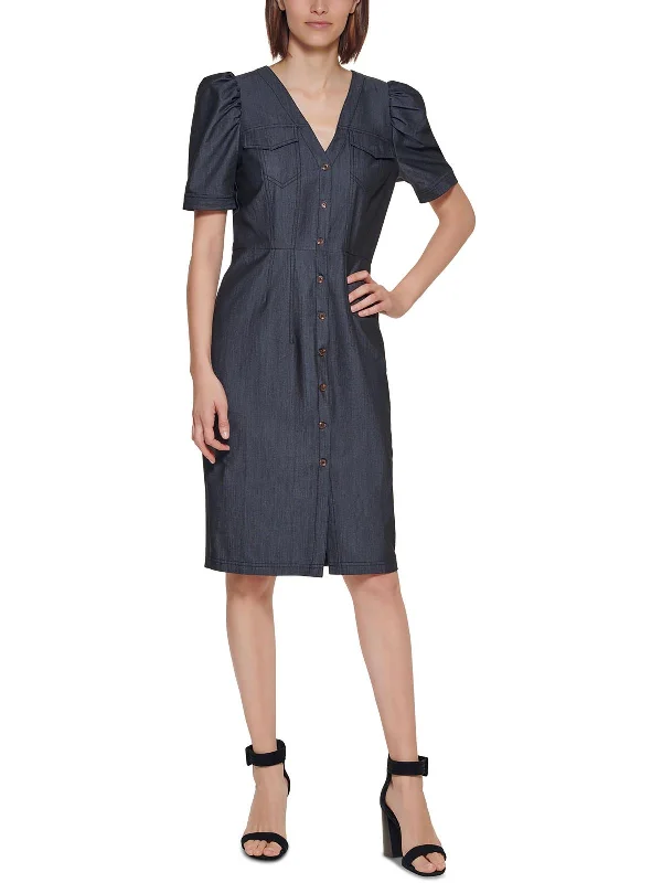 Petites Womens Woven Puff Sleeves Shirtdress Long Sleeve Shirt